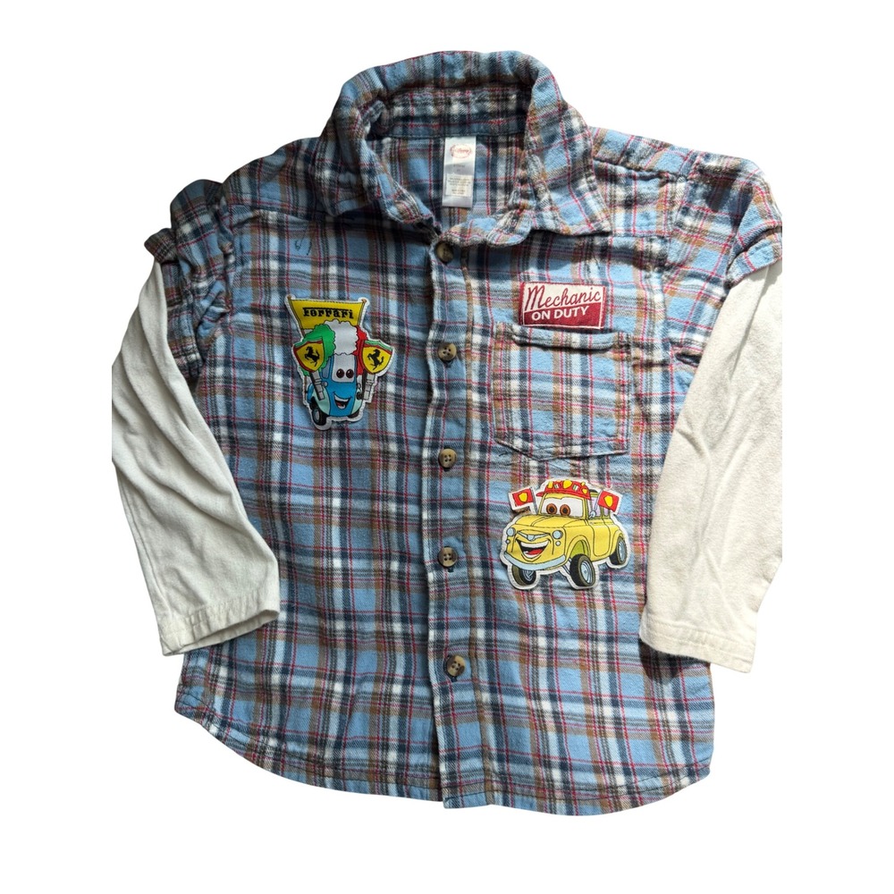 Disney Store Pixar Cars Flannel Shirt Blue Plaid Layered Sleeve Kids 4T